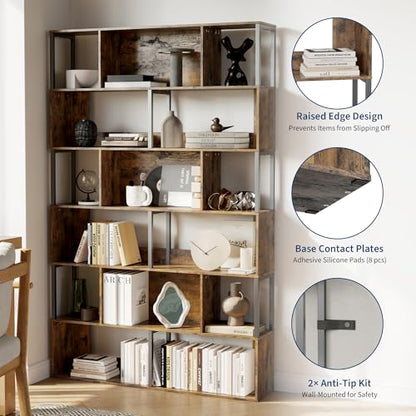 IDEALHOUSE 6-Tier Bookshelf, Tall Geometric Bookcase, Modern Room Divider & Display Shelf with Anti-Tipping Devices, Mid Century Bookshelf for Living Room - color: Brown