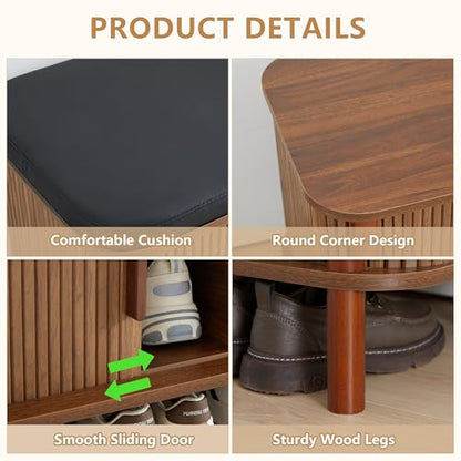 Shoe Bench, Entryway Shoe Cabinet with Leather Cushion and Sliding Door, Modern Shoe Storage Organizer for Living Room, Hallway (Walnut)