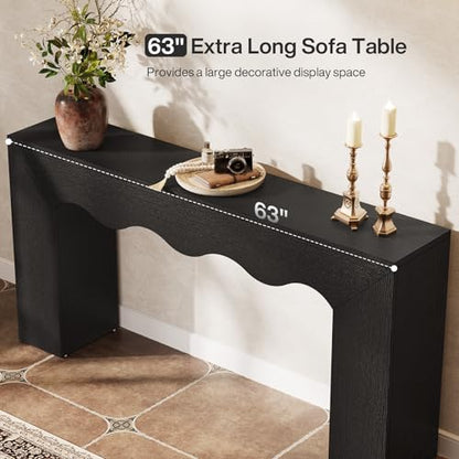 Tribesigns 63" Farmhouse Console Table with Wavy Edge | Wooden Couch Table Behind Sofa with Storage; Long Entryway Sofa Station; Narrow Hallway Stand for Entryway, Living Room - color: Black
