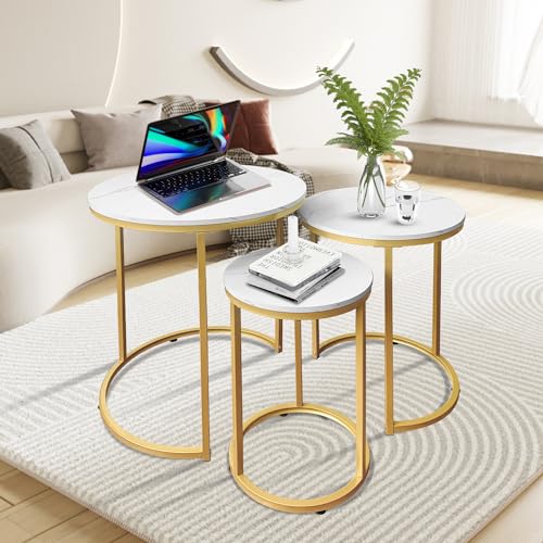 AT-VALY Nesting Tables Coffee Table Set of 3,Round Side Table Small Accent Table for Living Room,Bedroom Apartment (Gold) - color: Gold, size: 20.5 Inch