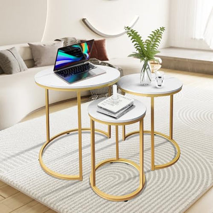 AT-VALY Nesting Tables Coffee Table Set of 3,Round Side Table Small Accent Table for Living Room,Bedroom Apartment (Gold) - color: Gold, size: 20.5 Inch