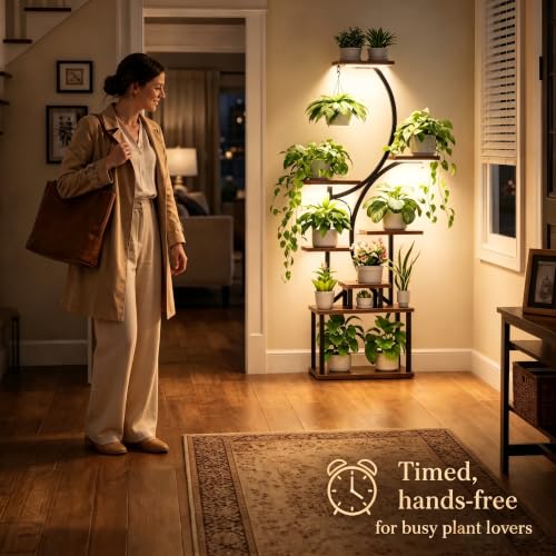 BACEKOLL Plant Stand Indoor with Grow Light, 8 Tier Corner Plant Shelf Tall | 62" Lighted Flower Holder for Plant Multiple, Space-Saving Beautiful Display Growing Rack for Home Patio, Sturdy Metal, Brown