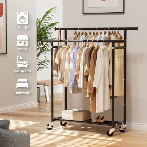 HYSEYY Double Rods Clothes Rack for Hanging Clothes, Rolling Metal Garment Rack with Wheels for Bedroom Laundry Living Room.39 L x 16.5" W x 60.23" H.