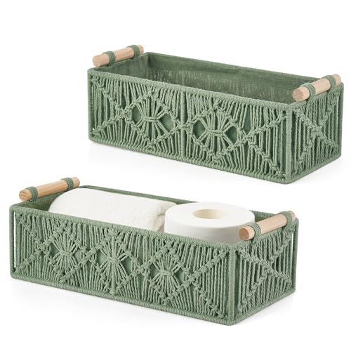 Mkono 2Pc Macrame Storage Basket, Boho Decor Toilet Paper Holder, Green | Small Baskets for Organizing, Hand-Woven, Bohemian Beach Coastal Decor, Shelf Vanity Cabinet Bedroom Living Room Office Dorm - color: Green