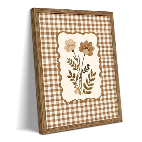 Vintage Floral Wall Art Canvas Framed Poster Painting Print Picture, Rustic Gingham Botanical Art Decor, Cottagecore Flower Illustration Farmhouse Neutral Wall Decor for Living Room Bedroom Kitchen Home 8x10 Inch - color: A-Flower, size: 10"L x 8"W