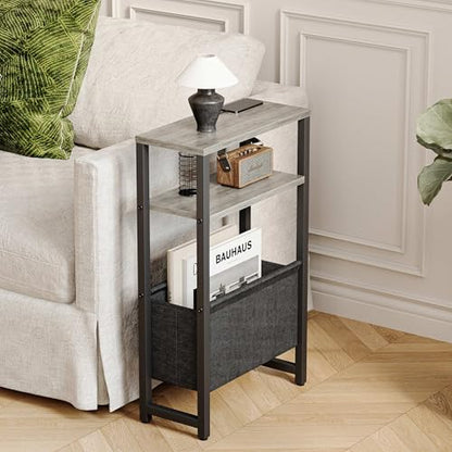 Narrow Side Table, Slim End Table with Magazine Rack, Skinny Bedside Table for Small Spaces, 3 Tier Sofa Couch Table Nightstand for Living Room, Bedroom,Oak Grey LET503Q - color: Oak Grey, style: No Charging Station