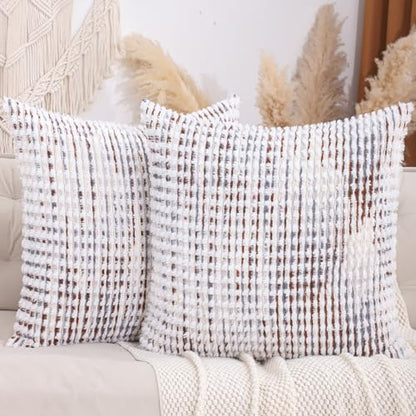LUOYEHK Boho Throw Pillow Covers 26x26 Inch Set of 2 Chenille Tufted Pillowcase Farmhouse Neutral Cushion Covers for Couch Sofa Bed Living Room, Brown White - color: Brown White, size: 26" x 26" (Pack of 2)