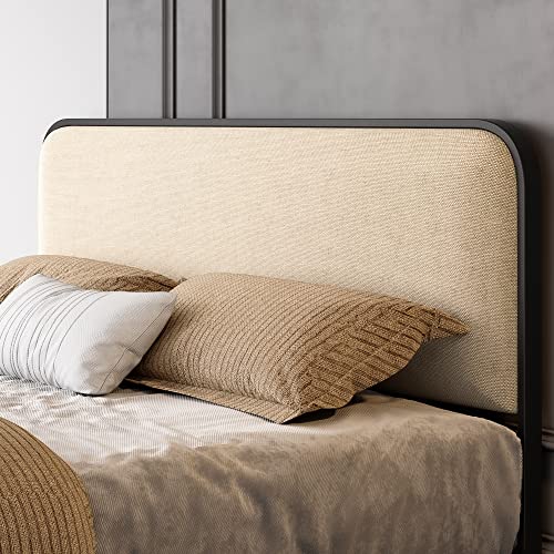 SHA CERLIN Full Size Metal Bed Frame with Upholstered Headboard, Cream | Curved Upholstered Headboard and Footboard, Large Under Bed Storage, No Box Spring Needed - color: Beige, size: Full