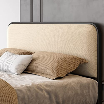 SHA CERLIN Full Size Metal Bed Frame with Upholstered Headboard, Cream | Curved Upholstered Headboard and Footboard, Large Under Bed Storage, No Box Spring Needed - color: Beige, size: Full