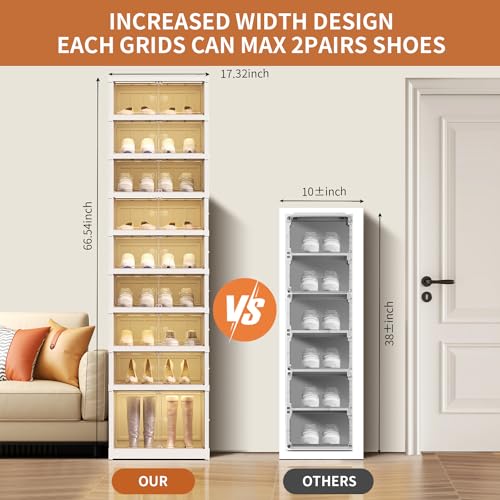 CIMLORD 9-Tier Foldable Shoe Rack, Magnetic Doors, 18 Pairs, White | Collapsible Plastic Shoe Cabinet, Stackable, Clear Doors, Bottom Wheels, Fits Boots, Easy Assembly, Closet & Entryway - size: 9 Tiers 18 Pairs