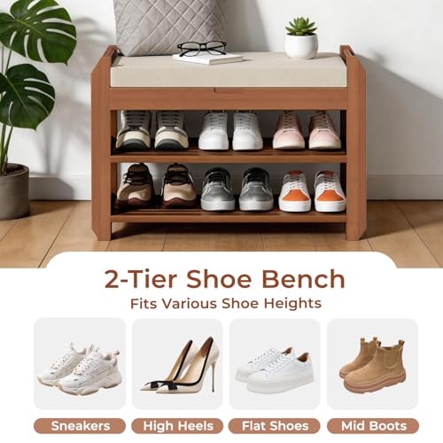 27.6" Bamboo Shoe Bench with Cushion, 5 Hooks Coat Rack, 2-Tier Storage Bench for Entryway, Heavy Duty Shoe Rack Organizer with Removable Soft Cushion for Living Room Bedroom Hallway - size: 27.6" 2-Tier