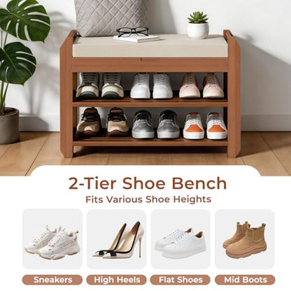 27.6" Bamboo Shoe Bench with Cushion, 5 Hooks Coat Rack, 2-Tier Storage Bench for Entryway, Heavy Duty Shoe Rack Organizer with Removable Soft Cushion for Living Room Bedroom Hallway - size: 27.6" 2-Tier