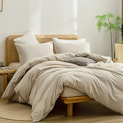 BESTOUCH Cotton Solid Duvet Cover Set Linen Feel Almond Milk Grey Queen | 100% Washed Cotton, Soft Wrinkle Texture, Hidden Zipper, 8 Ties, Breathable Lightweight Durable Comfy, 3 Pcs No Insert - color: Almond Milk Grey (No Comforter), size: Queen (90" X 9
