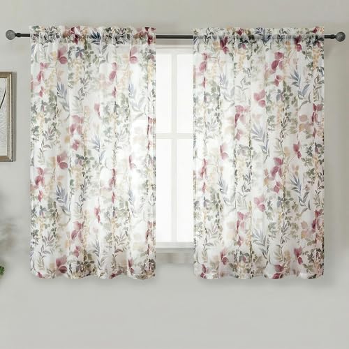 Crushed Kitchen Window Curtains 45 Inches Length 2 Panels, Farmhouse Printing Short Semi Sheer Curtains for Cafe Bedroom Small Window, Light Filtering Rod Pocket Curtain, Purple, 42Wx45L - color: Purple/Multi, size: 42"W x 45"L (Pack of 2)