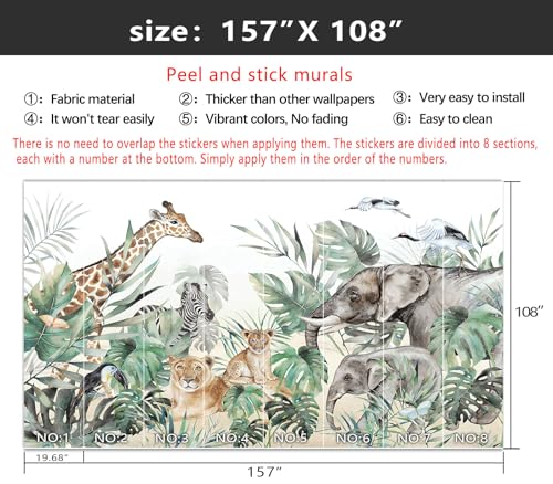 YIHWM-Peel and Stick Animal Wallpaper Tropical Rainforest Zoo Theme Mural | Tear-resistant,with a substantial feel;Will not be damaged during repositioning.Boy's Room,kids room wallpaper.XL-157"x108" - color: Yh13, size: 157"x108"