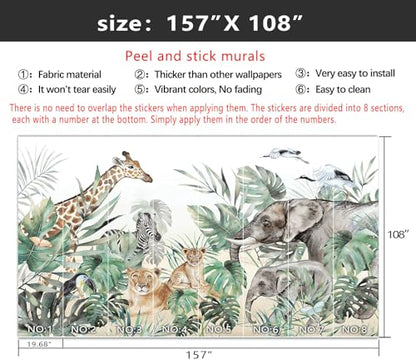 YIHWM-Peel and Stick Animal Wallpaper Tropical Rainforest Zoo Theme Mural | Tear-resistant,with a substantial feel;Will not be damaged during repositioning.Boy's Room,kids room wallpaper.XL-157"x108" - color: Yh13, size: 157"x108"