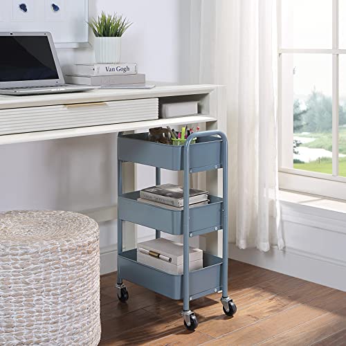 SunnyPoint 3-Tier Delicate Compact Rolling Metal Storage Organizer - Mobile Utility Cart Kitchen/Under Desk Cart with Caster Wheels - Blue (15.35" X 10.24" X 26.8"H) - color: Blue