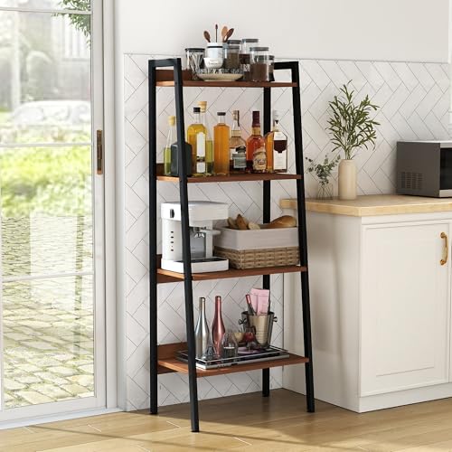 4 Tier Ladder Shelf,22” Wide Tower Storage Shelf, Walnut | Skandiquip 13.5” Narrow Ladder Shelf, Steel Frame Anti-Tip Tall Storage Tower for Books & Plants, Kitchen Living Room Office - color: Walnut, size: 4 Tier