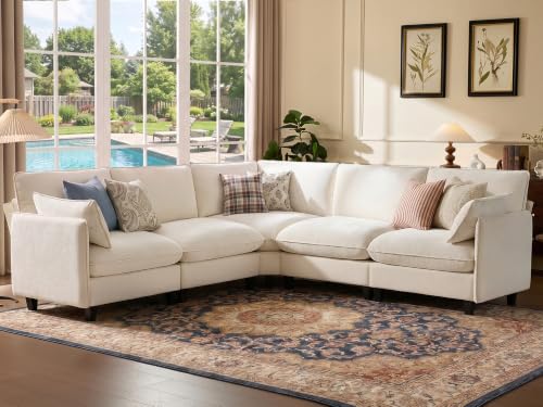 Ihanherry 107" Oversized V-Shaped Modular Sectional Sofa, Cloud Couch with Corner Section, Large Cushions, Chenille Deep Seat Couch for Living Room, Beige - color: Beige Cream, size: 107” 5 Seat V Sofa