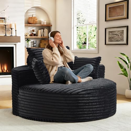 55" Oversized Round Chaise Longue Chair Indoor, Upholstered Corduroy Circle Single Cloud Reading Sofa Chair Deep Seat Modern Boneless Sleeper Couch No Assembly Required, Black - color: Black, style: 55"Corduroy