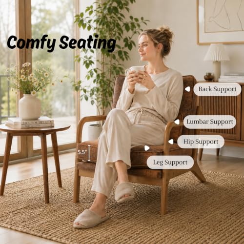 Karl home Mid-Century Modern Accent Reading Chair, Brown | Bronzing Upholstered, Solid Wood Frame, Soft Cushion, Lumbar Pillow, Lounge Armchair for Living Room, Bedroom, Balcony, Study - color: Bronzing Brown