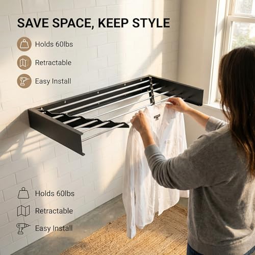 HILLHOUSE Wall Mounted Clothes Drying Rack, Space Saving Foldable Laundry Drying Rack with Stainless Steel Rods, Heavy Duty Retractable Towel Rack for Indoor Bathroom & Laundry Room Organization