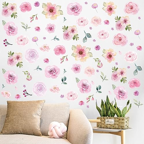 AOWDIAO 60 Pcs Flower Peel and Stick Wall Decals Watercolor Vinyl Peony Floral and Leaves Wall Stickers Pastel Flower Decor for Girls Bedroom Nursery Classroom Living Room - style: Flower