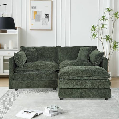 Aoowow Modular Sectional Sofa Modern Convertible Loveseat Couch,77.16 Inch Deep 2-Seater Sofas Comfy Chenille Cloud Sofas and Couches Set with Movable Ottoman for Living Room Apartment（Green） - color: Green-new, size: 2 Seat + Ottoman