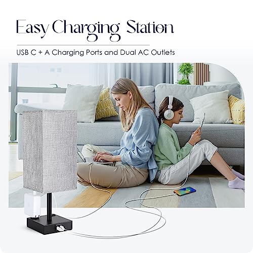 Bedside Table Lamp for Bedroom - Touch Small Lamp with USB C+A Charging Ports & AC Outlets, 3 Way Dimmable Nightstand Light for Living Room (LED Bulb Included, Grey) - color: Gray