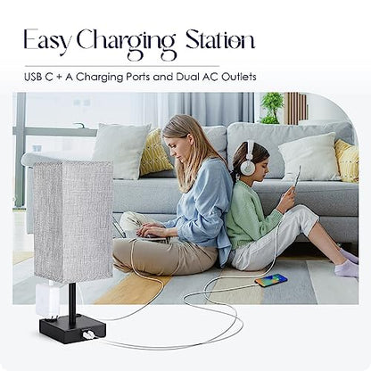 Bedside Table Lamp for Bedroom - Touch Small Lamp with USB C+A Charging Ports & AC Outlets, 3 Way Dimmable Nightstand Light for Living Room (LED Bulb Included, Grey) - color: Gray