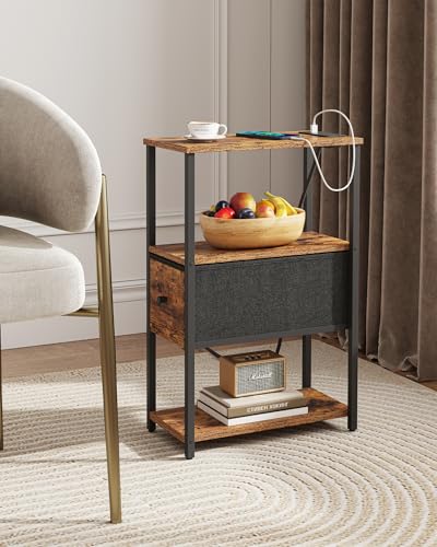 TUTOTAK Small Narrow End Table with Charging Station, Set of 2 | Side Table with Outlets, Nightstand with Cloth Drawer, Couch Table for Living Room, Bedroom, Bedside, Brown TB01BB058 - color: Brown, style: 1 Drawer & Plug