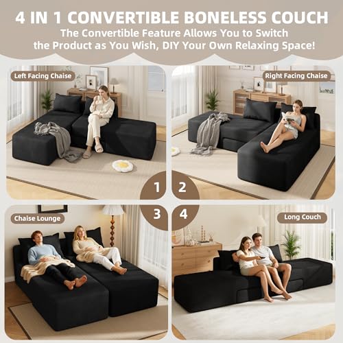 Boneless Sectional Couch, 4 in 1 Convertible Cloud Couch with Reversible Chaise & Deep Seat, Modular Sectional Sofa for Apartment, No Assembly Chenille Foam Couch in a Box, Black - color: Black, size: 89" Convertible Chaise Chenille