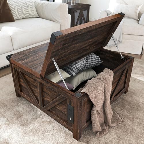 jimeimen Farmhouse Lift Top Coffee Table with Storage, Wood Square Center Table with Charging Station&USB Port, Living Room Table w/Large Hidden Space, for Living Room, Bedroom, Home Office, Brown - color: Brown