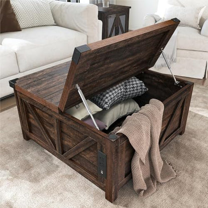 jimeimen Farmhouse Lift Top Coffee Table with Storage, Wood Square Center Table with Charging Station&USB Port, Living Room Table w/Large Hidden Space, for Living Room, Bedroom, Home Office, Brown - color: Brown