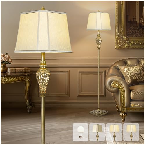 Vintage Rustic Floor Lamp for Living Room, 65" Tall Lamp with Nightlight | Beige Faux Silk Shade, Farmhouse Standing Lamp for Bedroom, Office Corner, or Study, Elegant Retro Home Decor, Bulb Included - color: Antique Brass