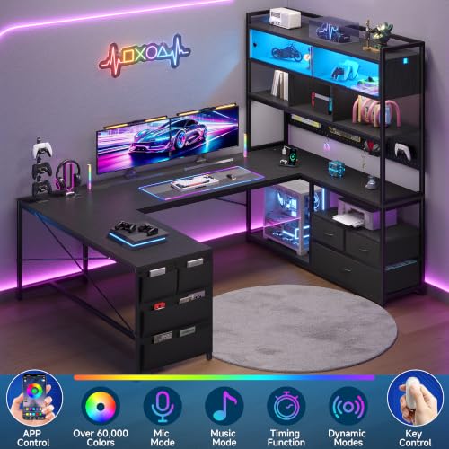 busyeah U-Shaped Gaming Desk with Storage Shelves & 3 Drawers, Black | Reversible Computer Desk with LED Lights & Charging Station, Gaming Desk with Hutch and Pegboard for Home Office, Gamers - color: Black