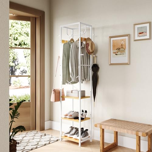ELYKEN Coat Rack Freestanding, Hall Tree with 3 Shelves and 12 Hooks | Industrial Metal Frame, Space-Saving Design, Clothes Rack Stand Organizer for Bedroom, Hallway, Entryway, Office, Living Room - color: Natural