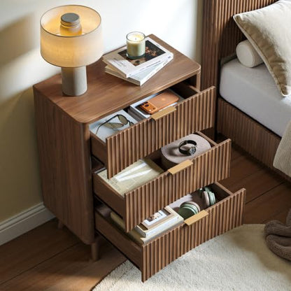 Evermagin 29" Tall Fluted Nightstand Set of 2 with 3 Drawers | Walnut Night Stand, Wooden Bedside Table, Mid Century Modern Side Table for Bedroom, livingroom - color: Walnut, size: 13.78"D x 23.62"W x 29.35"H (3 Drawers)