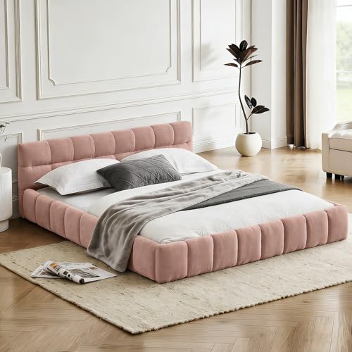 Chenille Fabric Upholstered Platform Bed Frame with Soft Headboard, Modern Low Profile Grounded Design, No Box Spring Needed, Sturdy MDF & Wood Frame, Neutral Style (Pink, King (U.S. Standard)) - color: Pink, size: King (U.S. Standard)