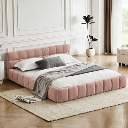 Chenille Fabric Upholstered Platform Bed Frame with Soft Headboard, Modern Low Profile Grounded Design, No Box Spring Needed, Sturdy MDF & Wood Frame, Neutral Style (Pink, King (U.S. Standard)) - color: Pink, size: King (U.S. Standard)