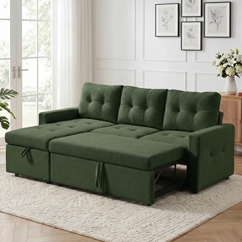 HIPIHOM Pull Out Sleeper Sofa Bed with Storage Chaise, 80.7" L-Shaped Teddy Sectional Couch, Convertible 3-Seater for Living Room, Apartment & Guest Room, Easy Assembly, Green - color: Green