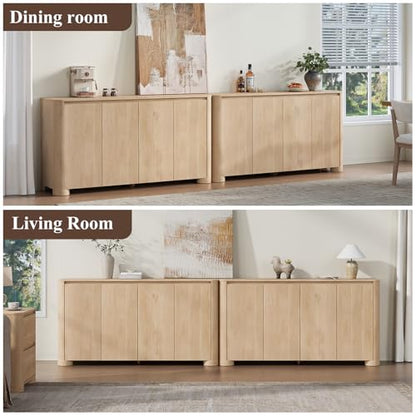 YANSNWO 59" Sideboard Buffet Cabinet with Rounded Corner, Natural Oak(1PCS) | 2-Tier Storage, Adjustable Shelves, 2"H × 6.3"D Sturdy Cylindrical Base, Handleless, Modern for Kitchen/Living Room/Hallway