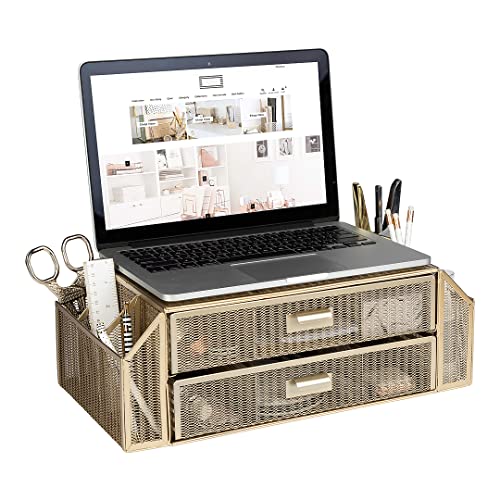 BLU MONACO | Monitor Stand with Drawer Storage | Desk Top Monitor Stand Riser Gold | Computer Support Organizer Elevador de Monitor