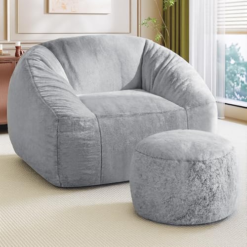 Bean Bag Chairs with Ottoman for Adults, Comfy Beanbag Chair with High-Resilience Foam, Oversized Bean Bag Sofa with Soft Faux Fur Fabric, Bean Bag Chair for Living Room,Bedroom,Light Grey - color: Light Grey W/Ottoman