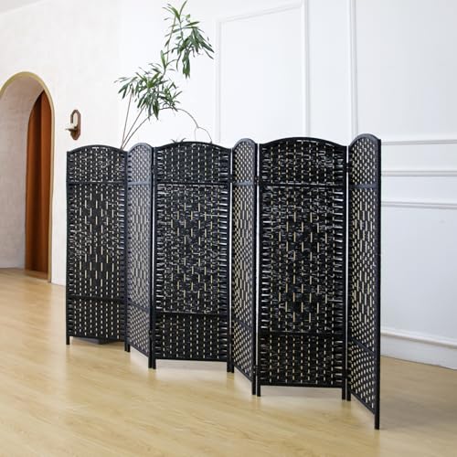 6-Panel Short Room Divider, 3.9 ft Freestanding Partition Wall, Natural Black Rattan Double-Sided Folding Screen for Living Room, Bedroom & Corner Privacy - color: Black, size: 6 Panel