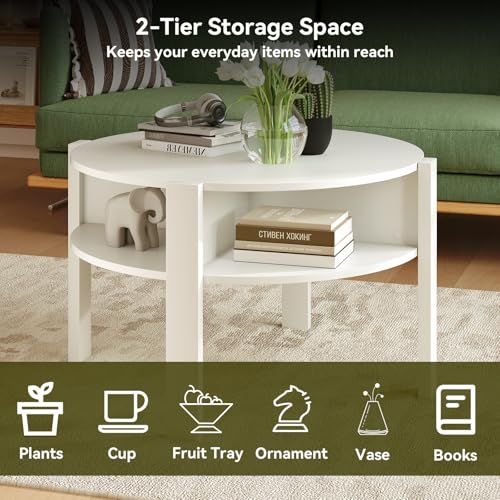 GIANTEX Round Coffee Table, Mid Century Modern Center Table (White) | 2-Tier Storage Shelves & 4 Side Compartments, Wood Coffee Table for Living Room, Small Spaces - color: White