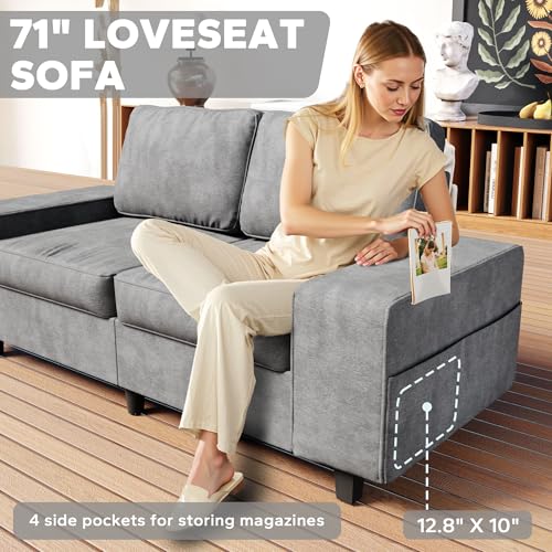 71" Chenille Loveseat Couch, 2 Seater Retro Sofa with 4 Side Pockets, Removable and Washable Cushions,Mid Century Modern, Living Room, Bedroom, Apartment (Light Grey) - color: Light Grey Chenille, size: 71 "