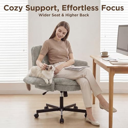 FiveWillowise Cross Legged Office Chair with Flip-up Arms&Back,Light Grey | Criss Cross Chair With Thicken Wide Seat,Lounge Makeup Vanity Chairs with Side Pockets,Comfy Home Office Desk Chair,Chenille - color: Light Grey