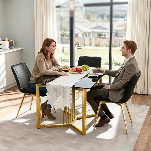 Dining Chairs Set of 2, PU Leather Armless with Metal Legs Black, Gold Legs | Fits Dining Rooms, Kitchens, Waiting room, Living rooms, Offices & Cafes, Easy to Clean Easy to assemble Adjustable Foot Pads - color: Black With Gold Legs