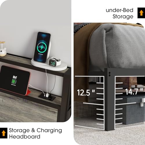 RVONOW Queen Size Bed Frame with 2-Tier Storage Headboard, Rustic Grey | Wooden headboard with LED lights, built-in charging station, No Box Spring Needed, Noise Free, Easy Assembly, Modern Bedroom - color: Rustic Grey, size: Queen